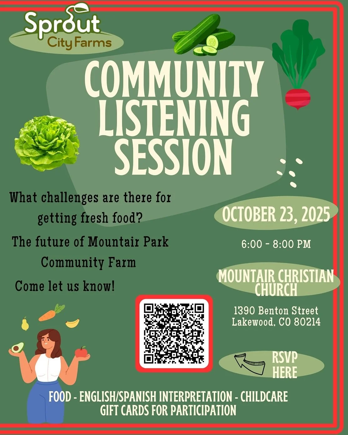 (Espa&ntilde;ol a continuaci&oacute;n)
🌶️🥬🍅🥒As we gear up for next season, we want YOU to help drive our work. Come join us for a conversation on the future of our Mountair Park Community Farm location in Lakewood and explore all the opportunitie