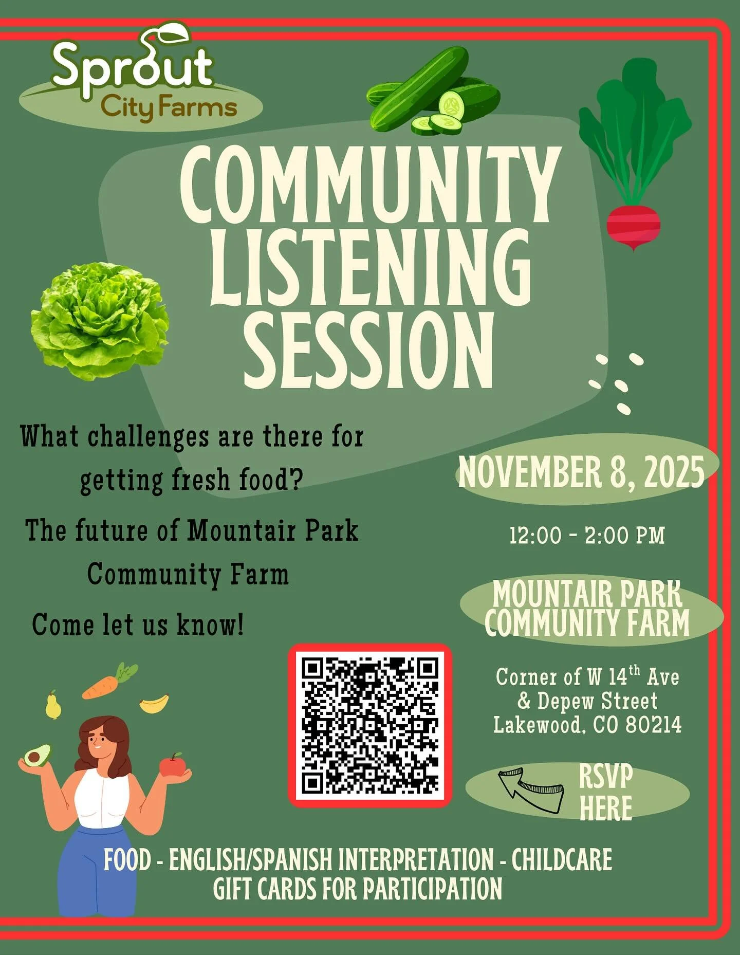 (Espa&ntilde;ol a continuaci&oacute;n)
🌶️🥬🍅🥒 Get ready for round 2, folks! As we gear up for next season, we want YOU to help drive our work. Come join us for a conversation on the future of our Mountair Park Community Farm location in Lakewood a