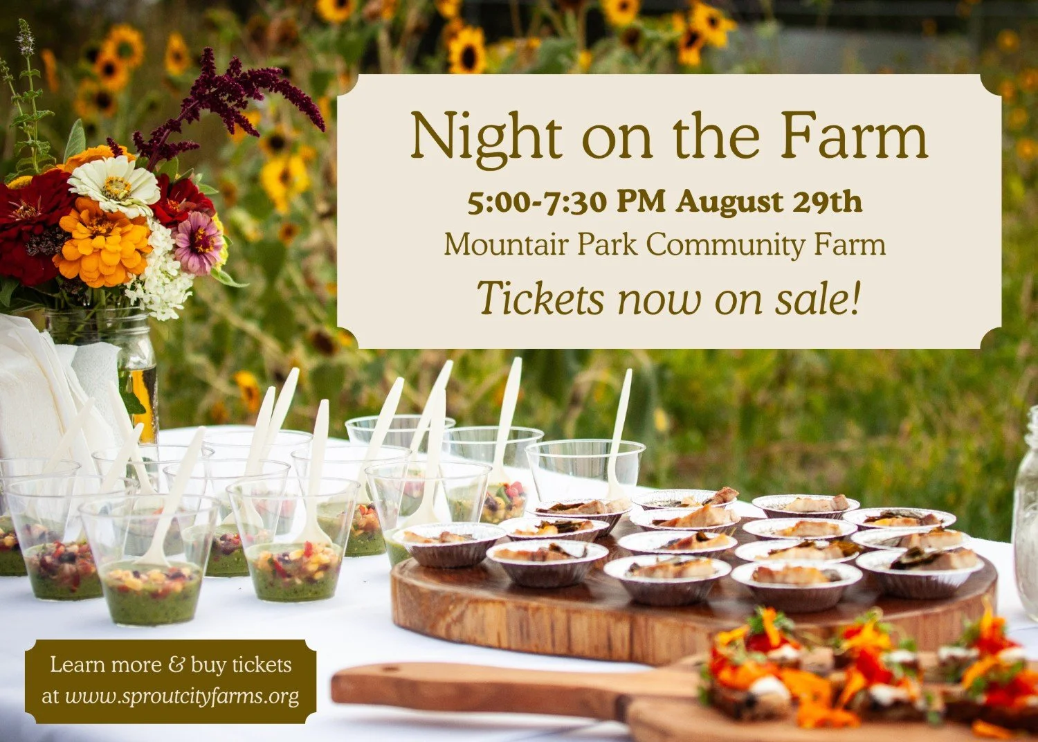 Get your tickets today at link in bio!

Sprout City Farms invites you to celebrate our 16th season with us on August 29th, 2026 from 5:00pm - 7:30pm for our annual farm-to-table fundraising event at Mountair Park Commuity Farm. 

This evening hosts a