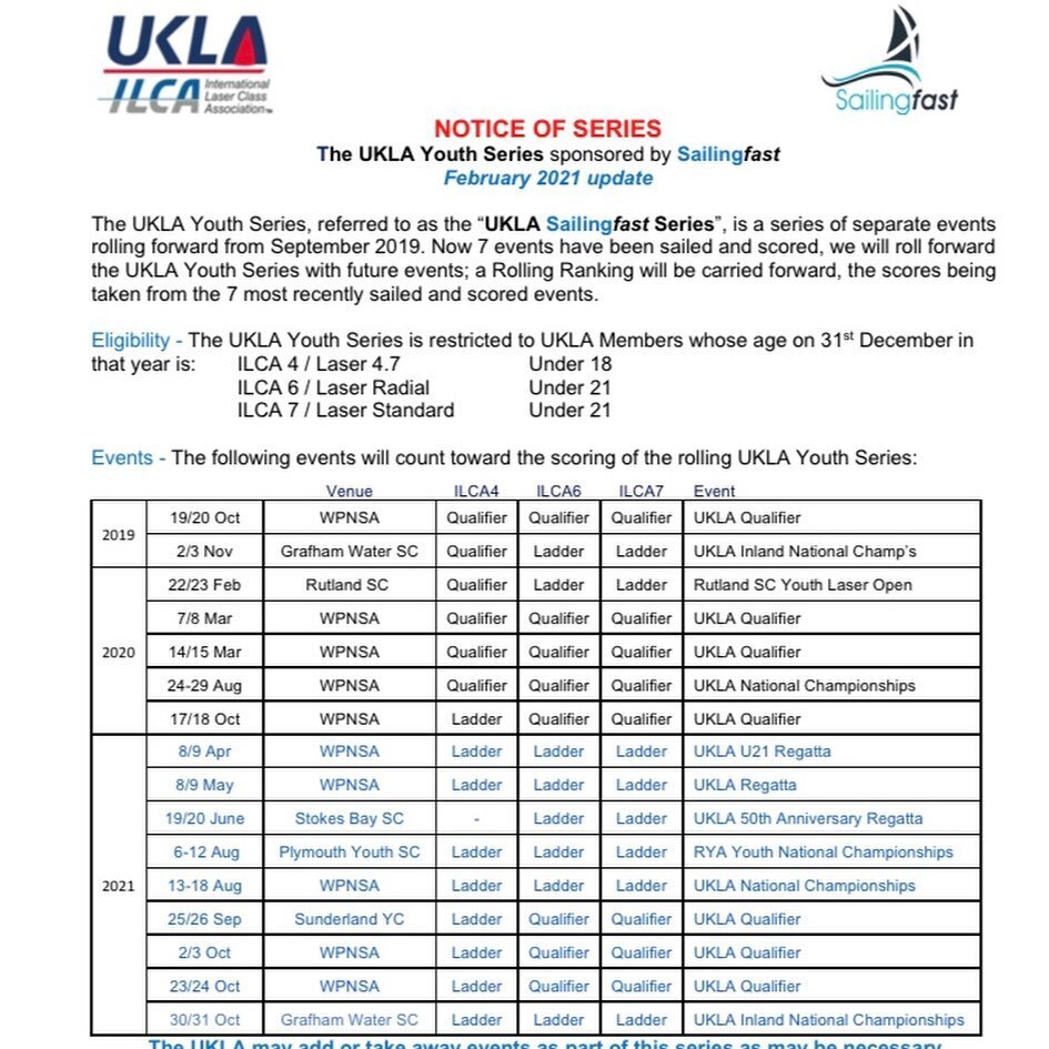 Please look at the UKLA website &ldquo;Categories&rdquo; for links to the updated U21 &amp; Youth Qualifier Document and an update to the UKLA SailingFast Youth Series.