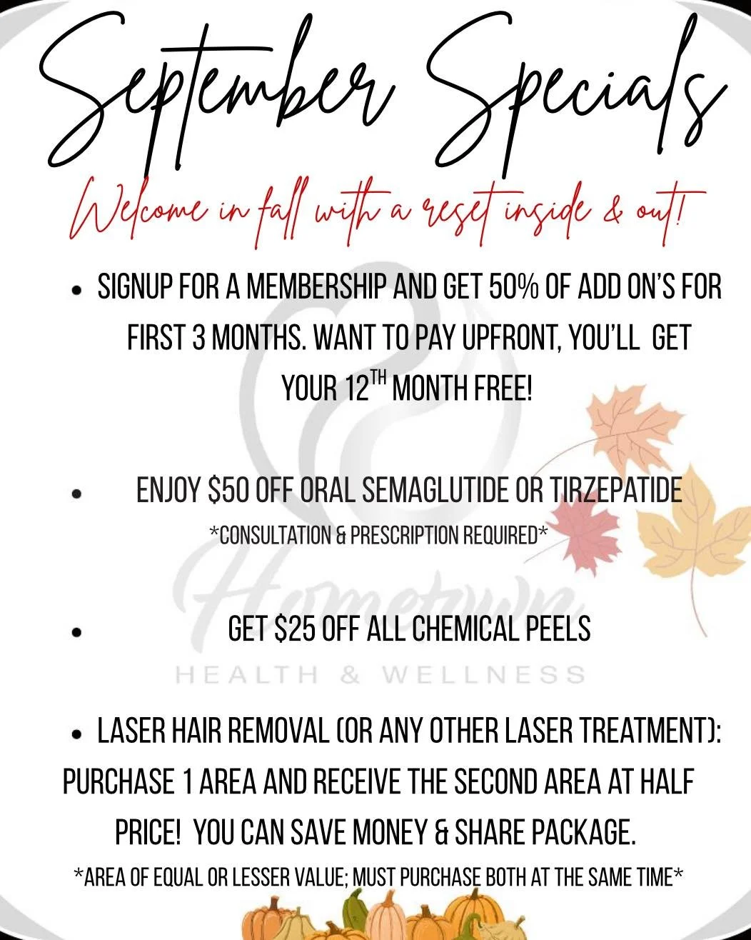 🍂✨ September is the perfect time for a reset&mdash;inside &amp; out! ✨🍂

Our friends at Hometown Health &amp; Hydration have some amazing September specials you won&rsquo;t want to miss:
💧 50% off add-ons for your first 3 months of membership (plu