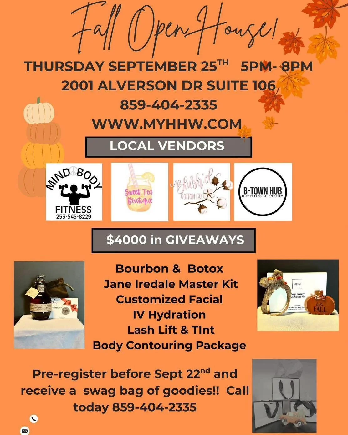 🍂✨ Fall Open House tomorrow, September 25th from 5&ndash;8 PM at Hometown Health &amp; Wellness (2001 Alverson Dr, Suite 106).

🎉 $4000 in giveaways, swag bags for those who pre-registered, and an incredible lineup of prizes including Bourbon &amp;