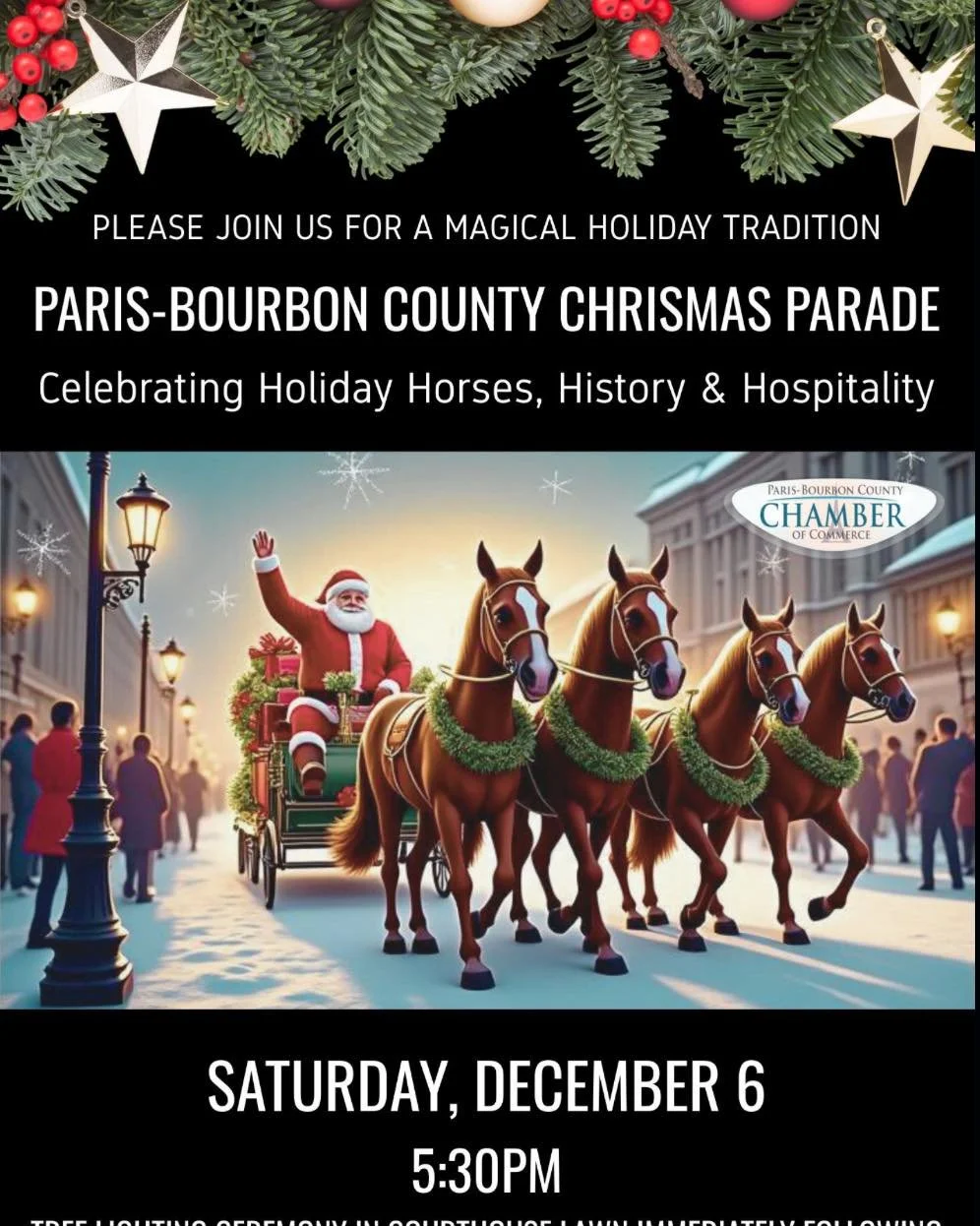 The Paris-Bourbon County Christmas Parade is back on Saturday, December 6th at 5:30PM, and we&rsquo;re ready to celebrate Holiday Horses, History &amp; Hospitality! 🐎🏛️🎁

This year&rsquo;s parade theme offers endless creativity for your floats:
🌟