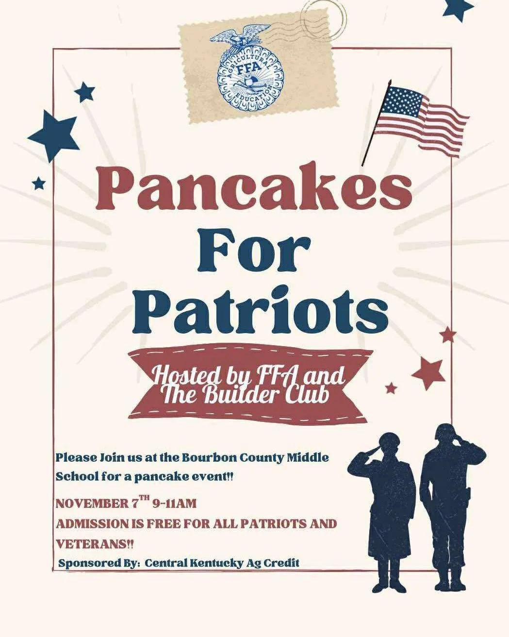 The BCMS Builders Club and FFA will be hosting a pancake breakfast for veterans and patriots this Friday, November 7th at the middle school from 9-11am free of charge.🇺🇸🥞
