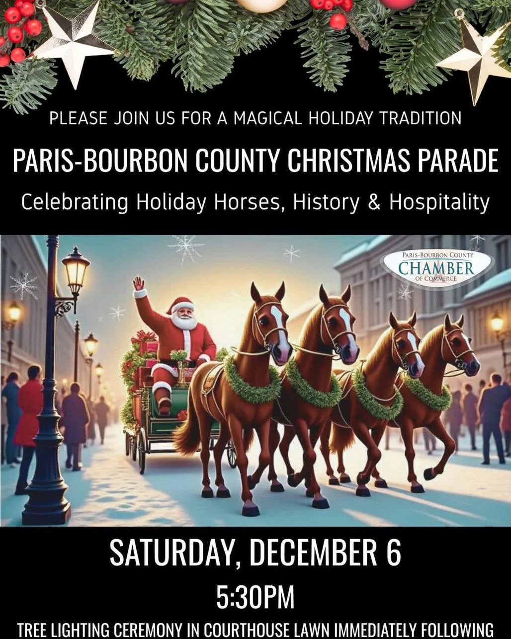BIG Christmas magic is headed to Downtown Paris on December 6th &mdash; and you won&rsquo;t want to miss a minute of it! 🎅✨🐴

Here&rsquo;s what&rsquo;s happening:

🎉 5:30 PM &ndash; Paris-Bourbon County Christmas Parade
Celebrating Holiday Horses,