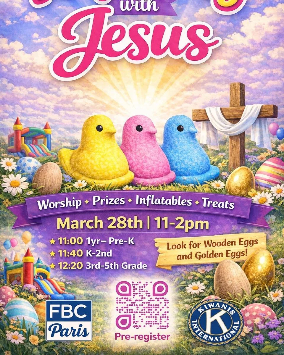 🐣 Peep&rsquo;n Easy with Jesus &ndash; Community Easter Celebration! ✝️

The Kiwanis Club of Paris and FBC Paris invite families to a fun-filled Easter celebration for kids on Saturday, March 28 from 11:00 AM &ndash; 2:00 PM!

Bring the kids out for