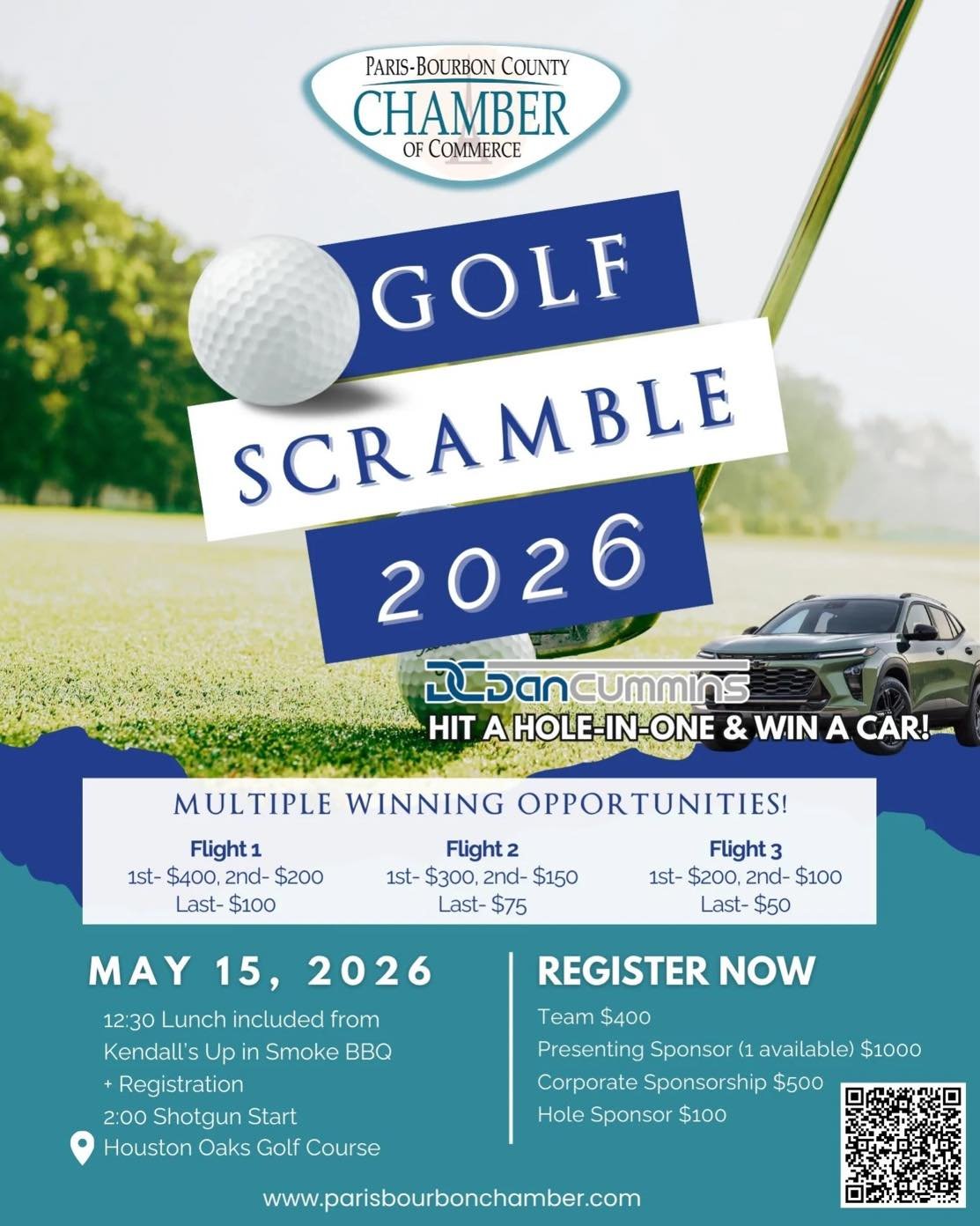 Registration is now LIVE for the 2026 Paris-Bourbon County Chamber of Commerce Golf Scramble! ⛳

Mark your calendars and plan to join us for a fun afternoon of golf, networking, and great food on Friday, May 15, 2026 at Houston Oaks Golf Course.

Eve