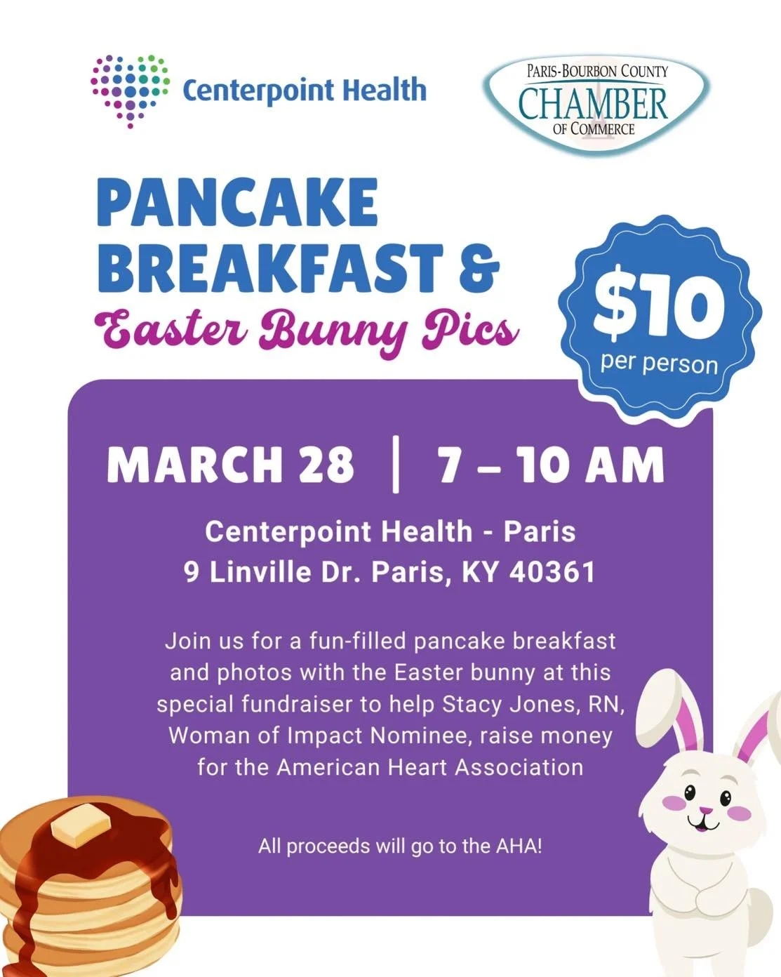 We&rsquo;re excited to invite you to a fun and meaningful community event that the Chamber is proud to partner on with Centerpoint Health &ndash; Paris!

Pancake Breakfast &amp; Easter Bunny Pics
Date: March 28
Time: 7:00 &ndash; 10:00 AM
Location: C
