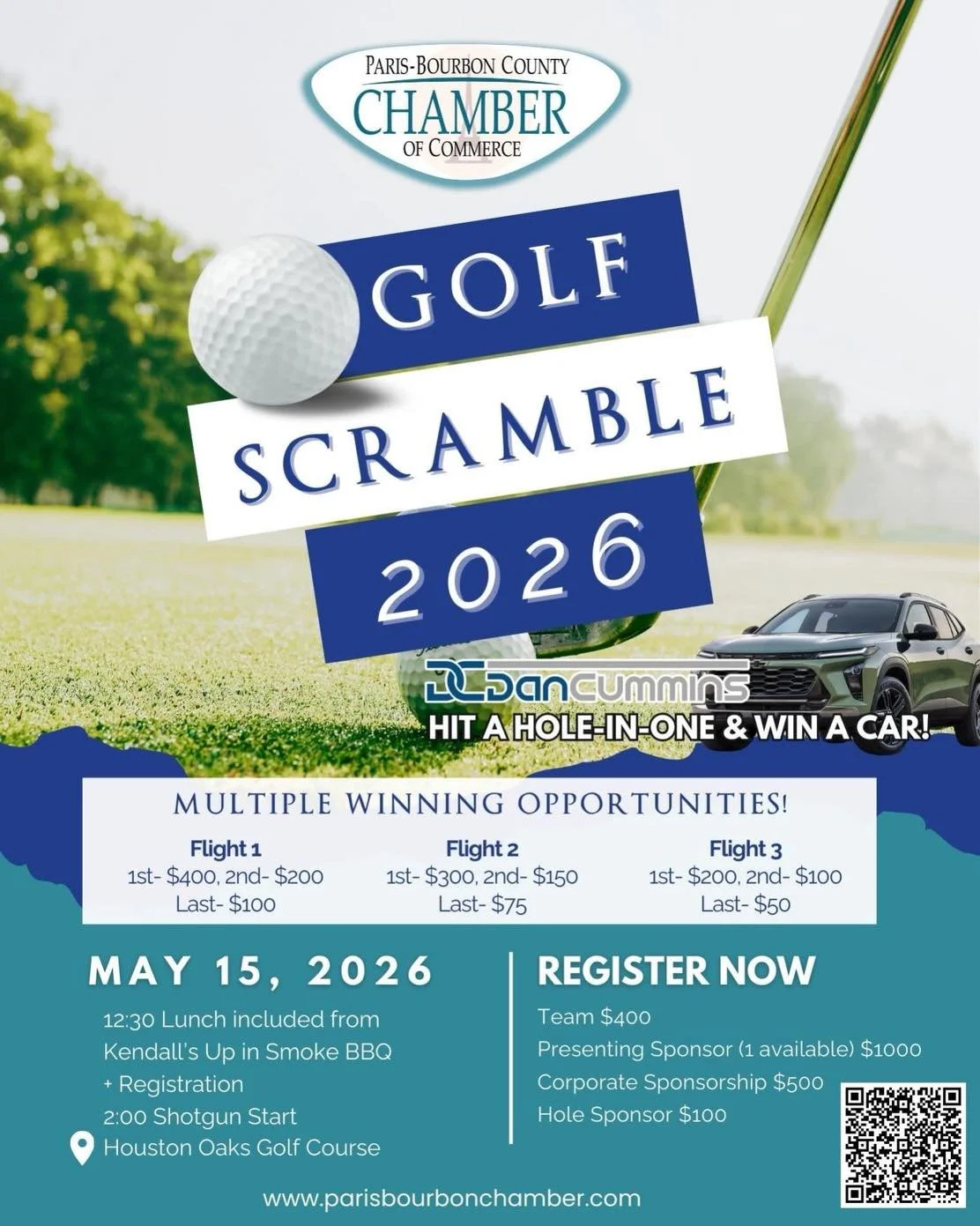 This is a friendly reminder about our upcoming Chamber Golf Scramble on May 15th at Houston Oaks!

We&rsquo;d love to have you join us for a great day of golf, networking, and fun. You can use the link below to:

Register a team
Commit to a corporate