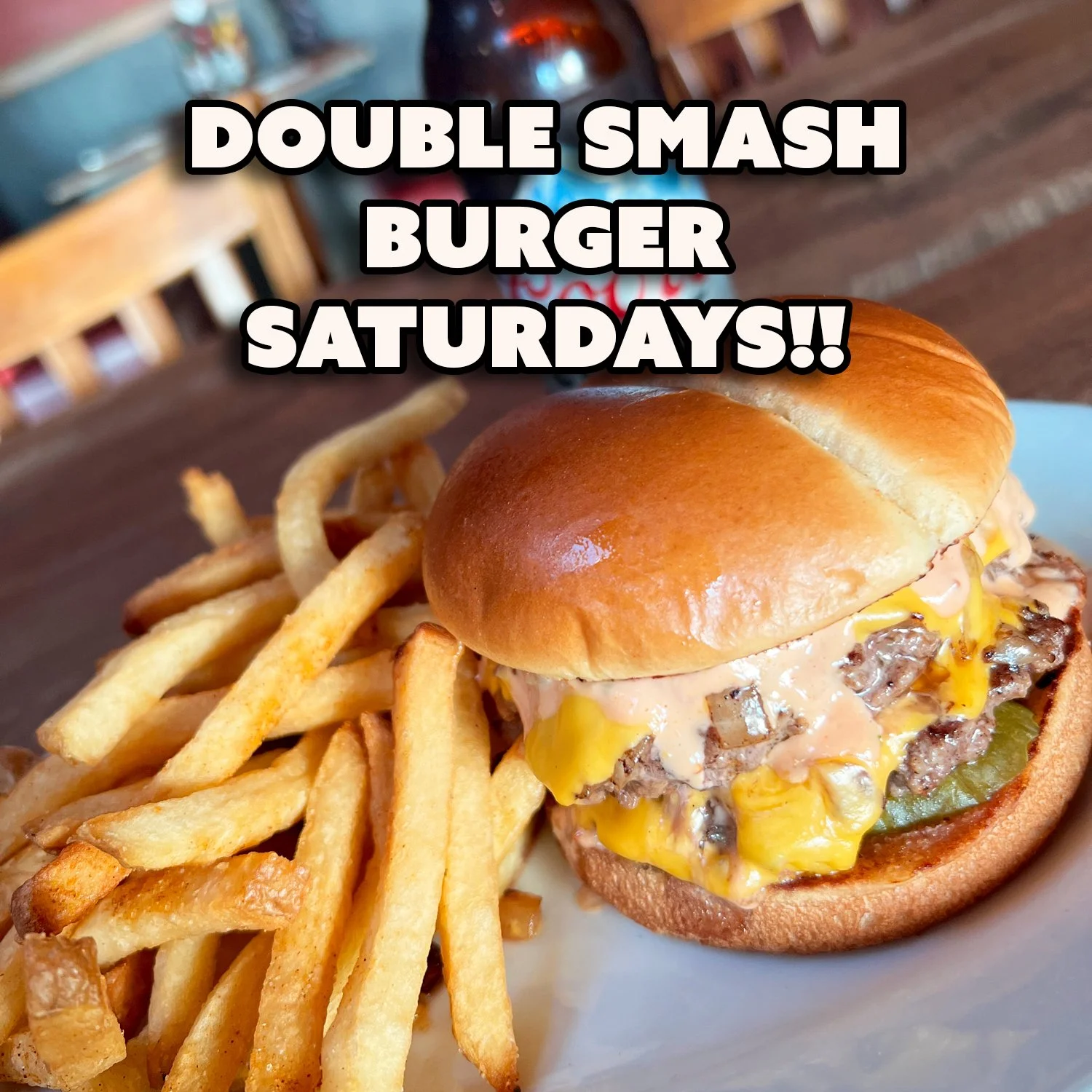 🔥 Smash Burger Saturday Is Back, Baby!! 🔥

🍔 Double Smash Cheeseburger + Fresh-Cut Hangout Fries = $12.95?? Say less!!

👨&zwj;🍳 We&rsquo;re Firing Up This Deal @ 2PM Sharp!!

🍳 Still in a Brunch Mood?! We&rsquo;ve Got Breakfast Daily &lsquo;til