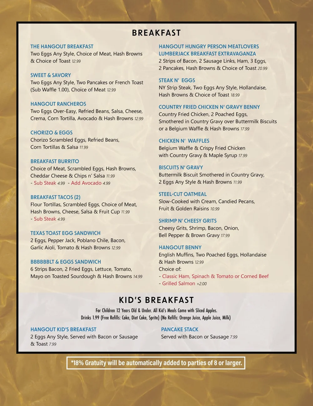 Digital Menu — The Hangout Restaurant