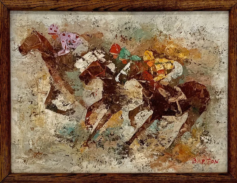 Edward Barton Original Framed Oil Painting

This captivating original oil painting by Edward Barton captures the thrill and intensity of a horse race with vivid motion and dramatic energy. Rich in color and detail, Barton&rsquo;s dynamic brushwork br