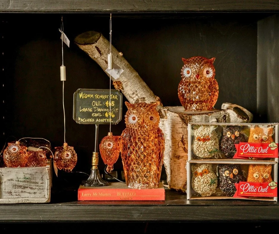 Whooo loves fall? 🍂🦉 These amber glass owls add a golden glow indoors, while Ollie Owl birdseed trio bring the charm outside.