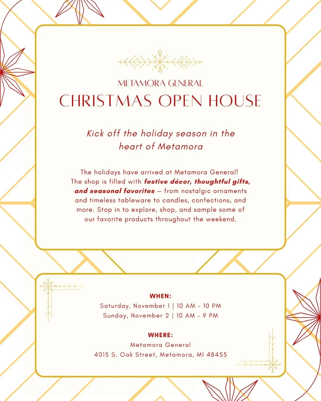 Costumes today, Christmas tomorrow! 🎄 Join us this weekend for Metamora General&rsquo;s Christmas Open House &mdash; festive d&eacute;cor, thoughtful gifts, and holiday cheer await.