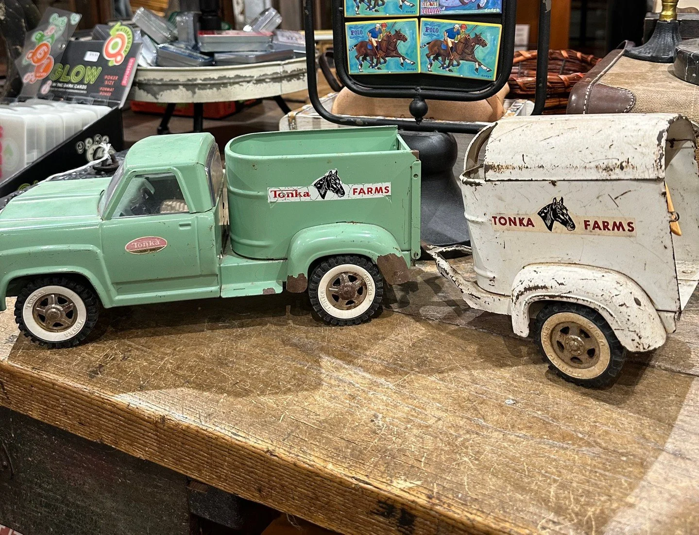 Vintage Tonka farm set 🚜🐴
A classic Tonka truck paired with its horse trailer&mdash;well-loved, full of character, and impossible to replicate. Pieces like this don&rsquo;t come around often, and we typically only have one of each. When it&rsquo;s 
