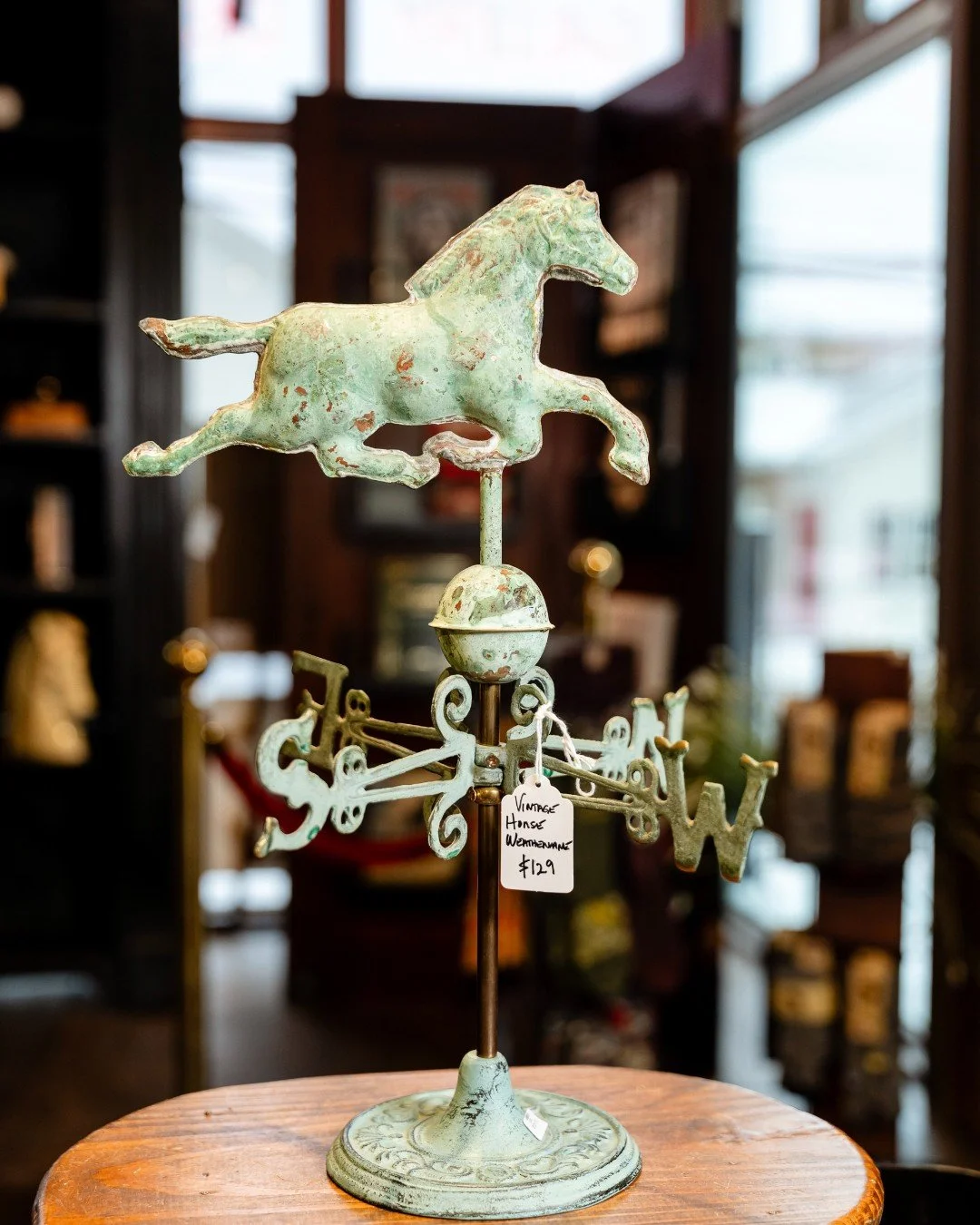 A vintage horse weathervane with a beautifully aged patina. Subtle movement, classic form, and the kind of piece that adds quiet character to a shelf, desk, or entry table.