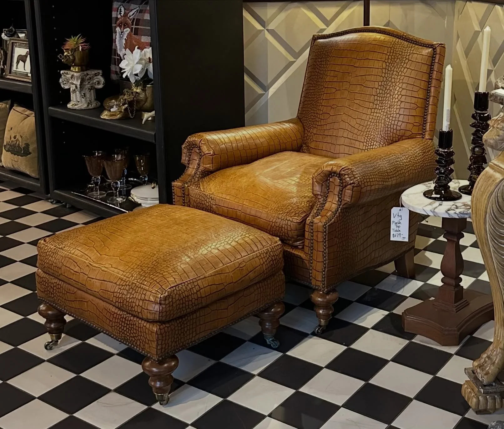 This vintage Pearson crocodile-embossed leather lounge chair &amp; ottoman set brings instant character to a space &mdash; rich caramel tones, nailhead trim, turned legs, and that perfectly worn-in leather look that only gets better with time.

The k