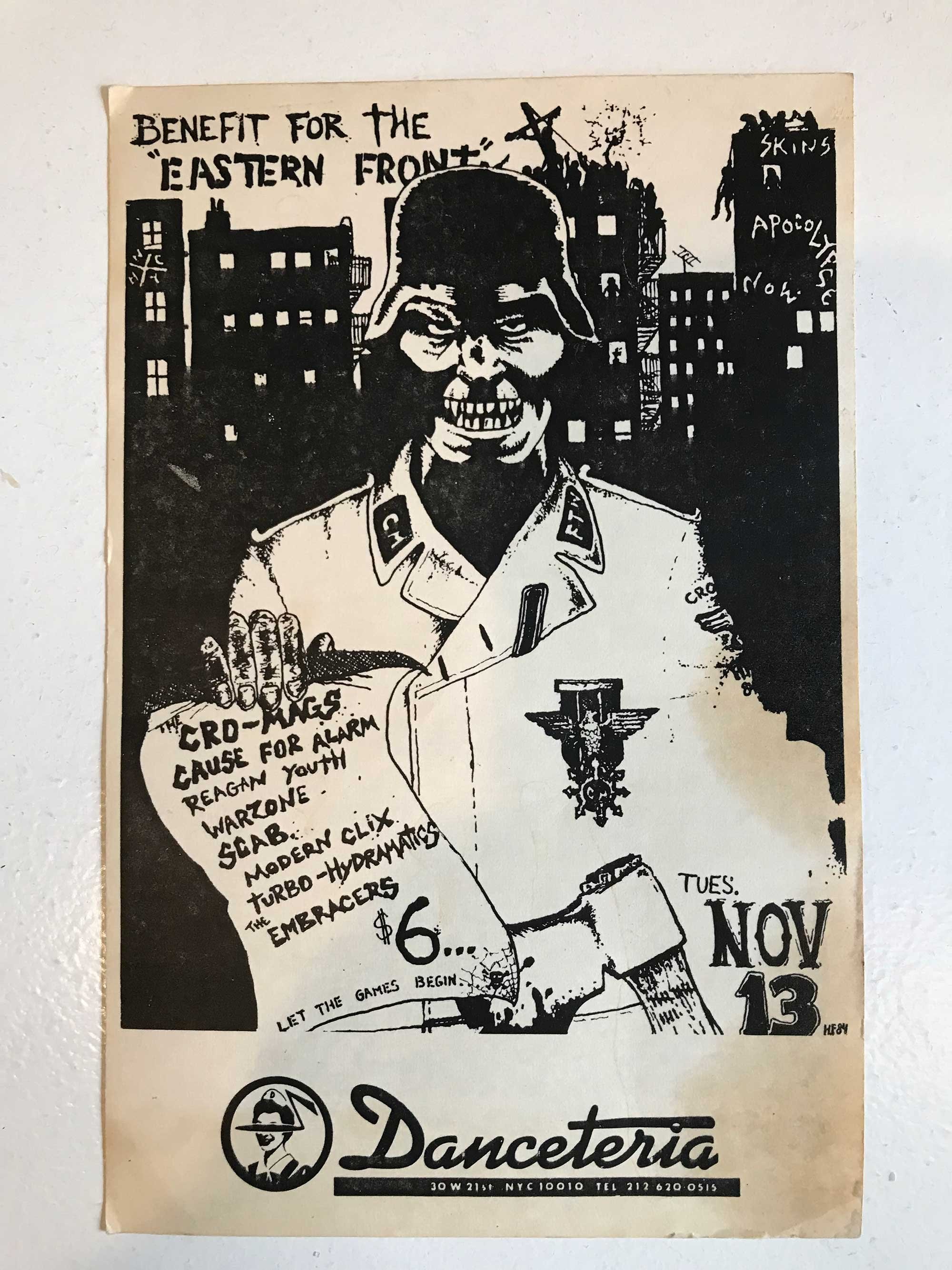  (Front) Show Card for Embracers gig, Benefit for the “Eastern Front”, Danceteria, Downtown NYC, 1983 