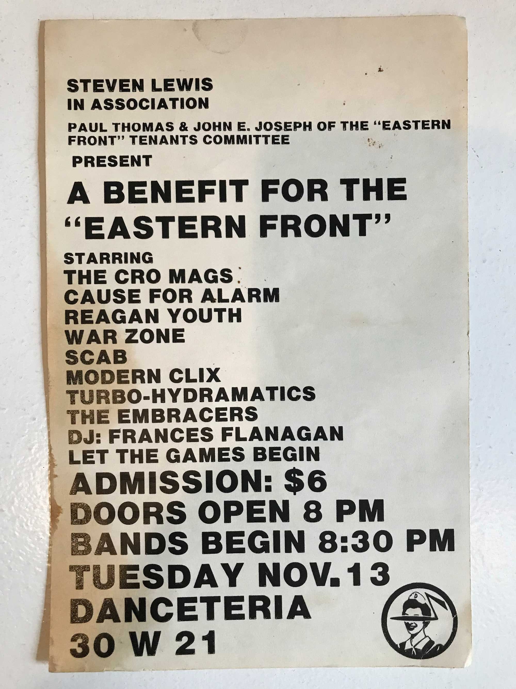  (Back) Show Card for Embracers gig, Benefit for the “Eastern Front”, Danceteria, Downtown NYC, 1983 