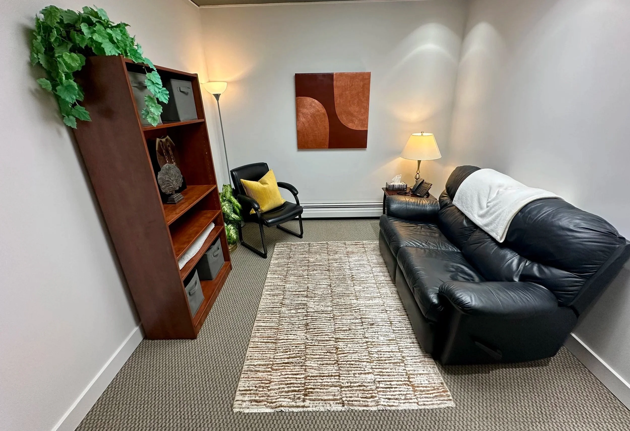 A cozy living room with a black leather sofa, a wooden bookshelf, a small side table with a lamp, and a yellow pillow on a black chair. There is abstract wall art, a lamp, and plants in the room with carpeted and woven rugs.