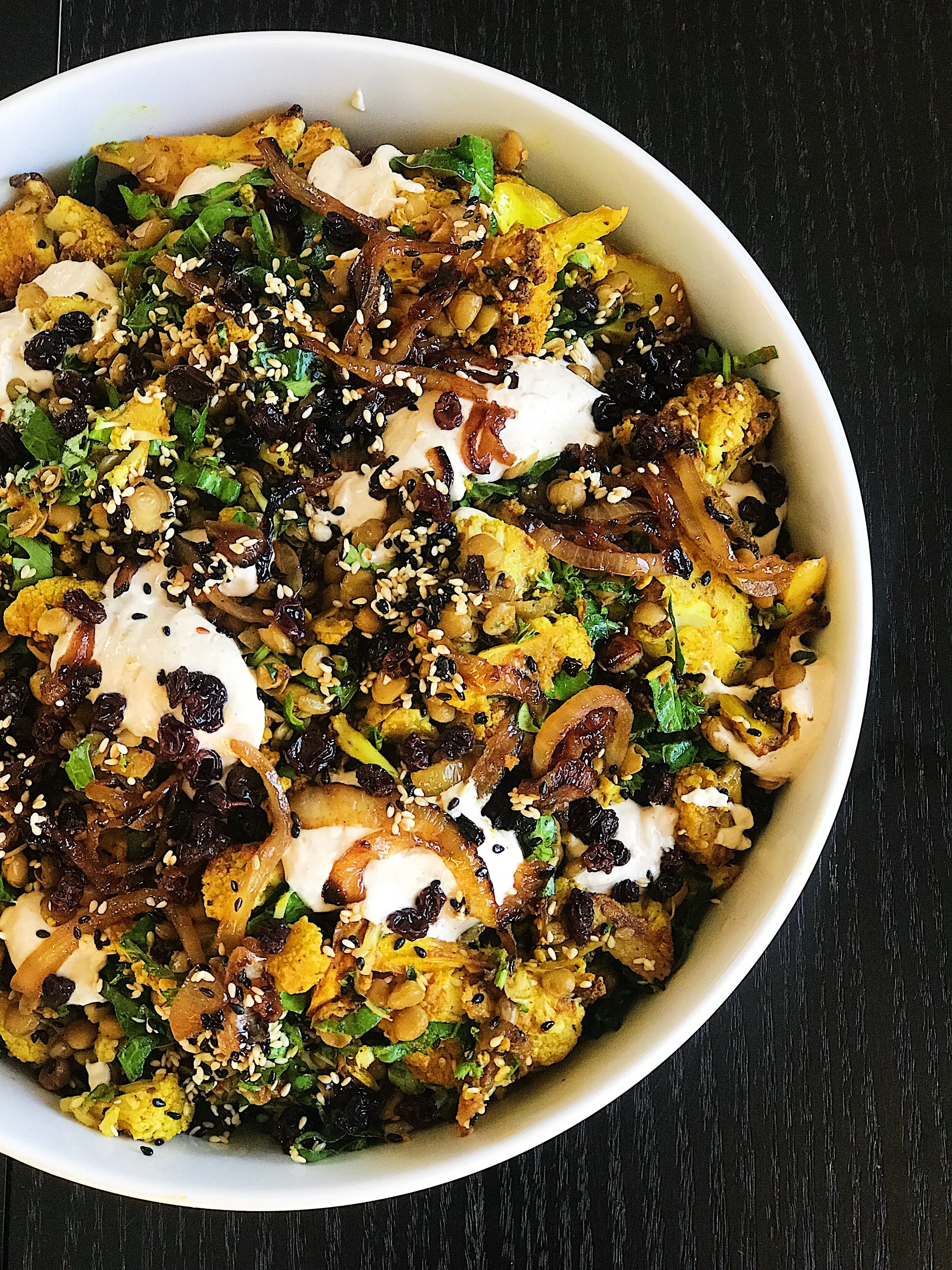 Spiced cauliflower, lentil + sticky onion salad.