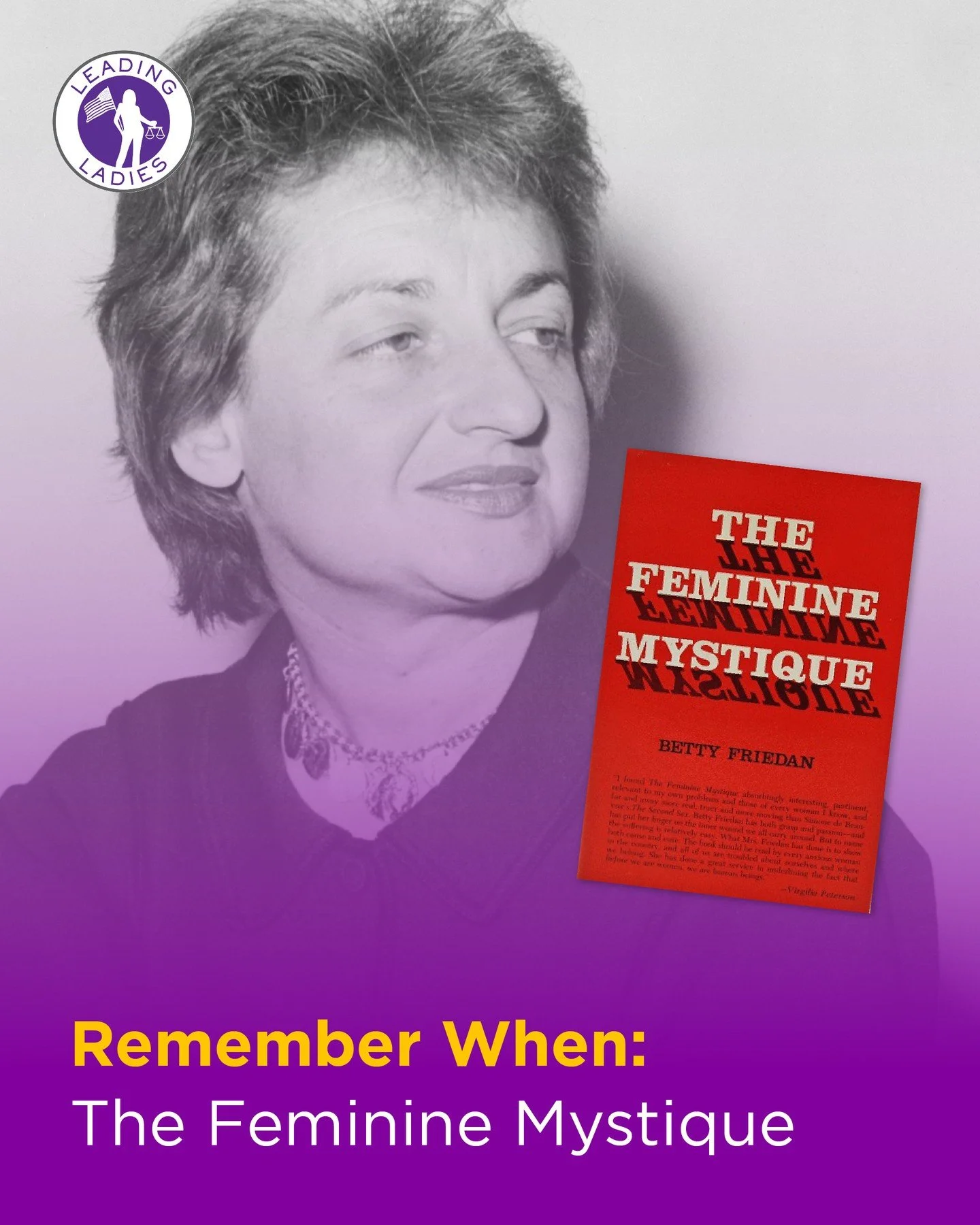 On this day in 1963, The Feminine Mystique by Betty Friedan was published &mdash; igniting what would become the second wave of the modern women&rsquo;s movement.⁠
⁠
Friedan gave language to what many women were experiencing but rarely discussing pub
