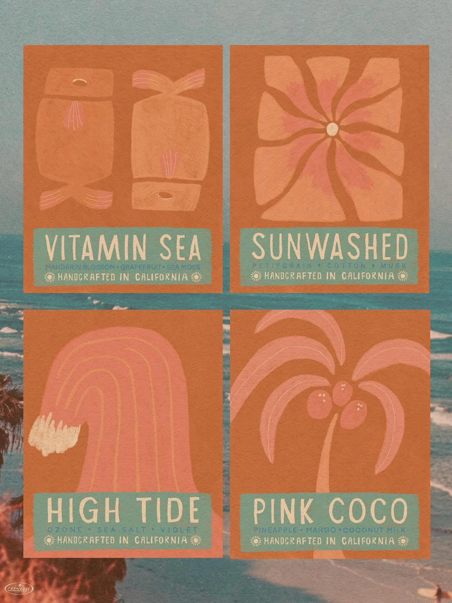 California-beach-inspired packaging collaboration with @featherandcoco π¦ππππ―οΈAll handmade in Santa Cruz. Loved this one - Thanks Heather!! 
All handdrawn illustrations and typeface, on film photos I took in California when travelling around in