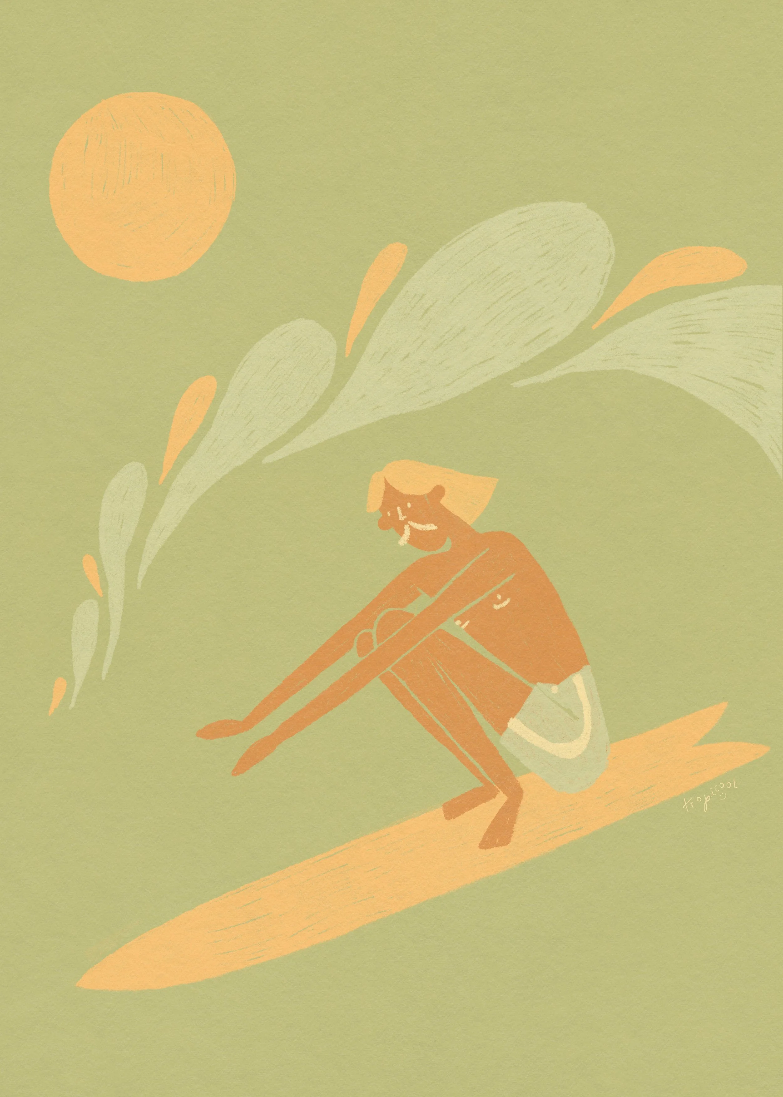 Surfer dude in retro tropical colors drawn by hand digitally.
