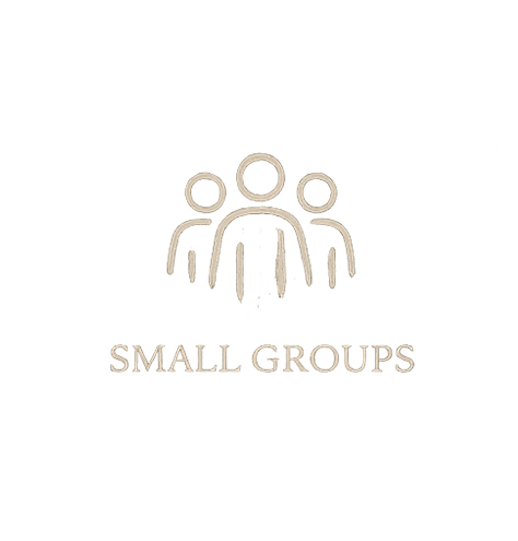 Icon of three stylized people above the text 'Small Groups' on a black background.