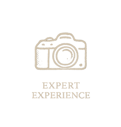 Icon of a camera above the words "Expert Experience" on a black background.
