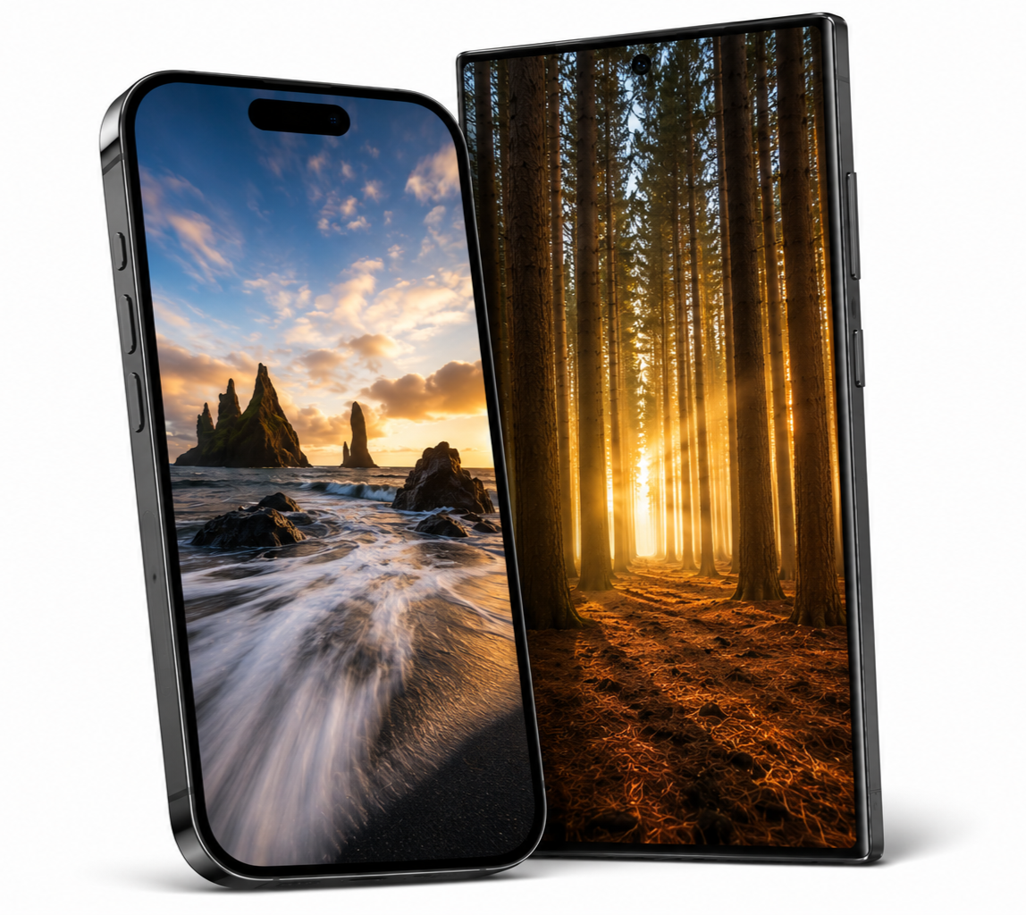 Two smartphones with nature wallpaper displays, one showing a beach with rocks and the other a forest with sunlight filtering through trees.