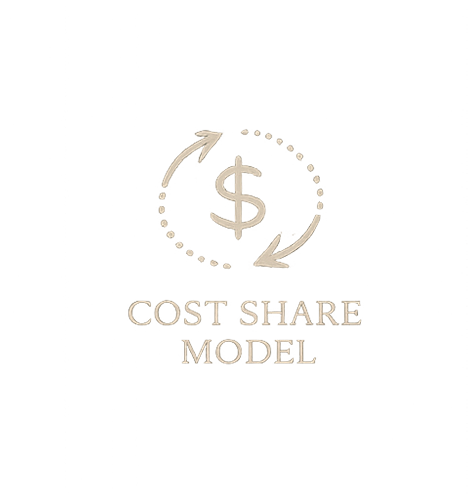 Illustration of a dollar symbol with arrows forming a circular flow, above the text "Cost Share Model" on a black background.