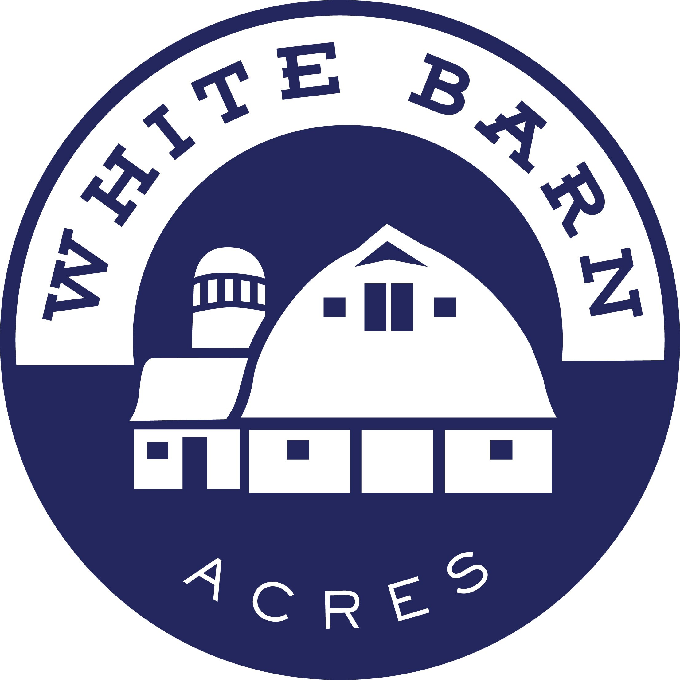 Blue logo of White Barn Acrews - white barn on blue background