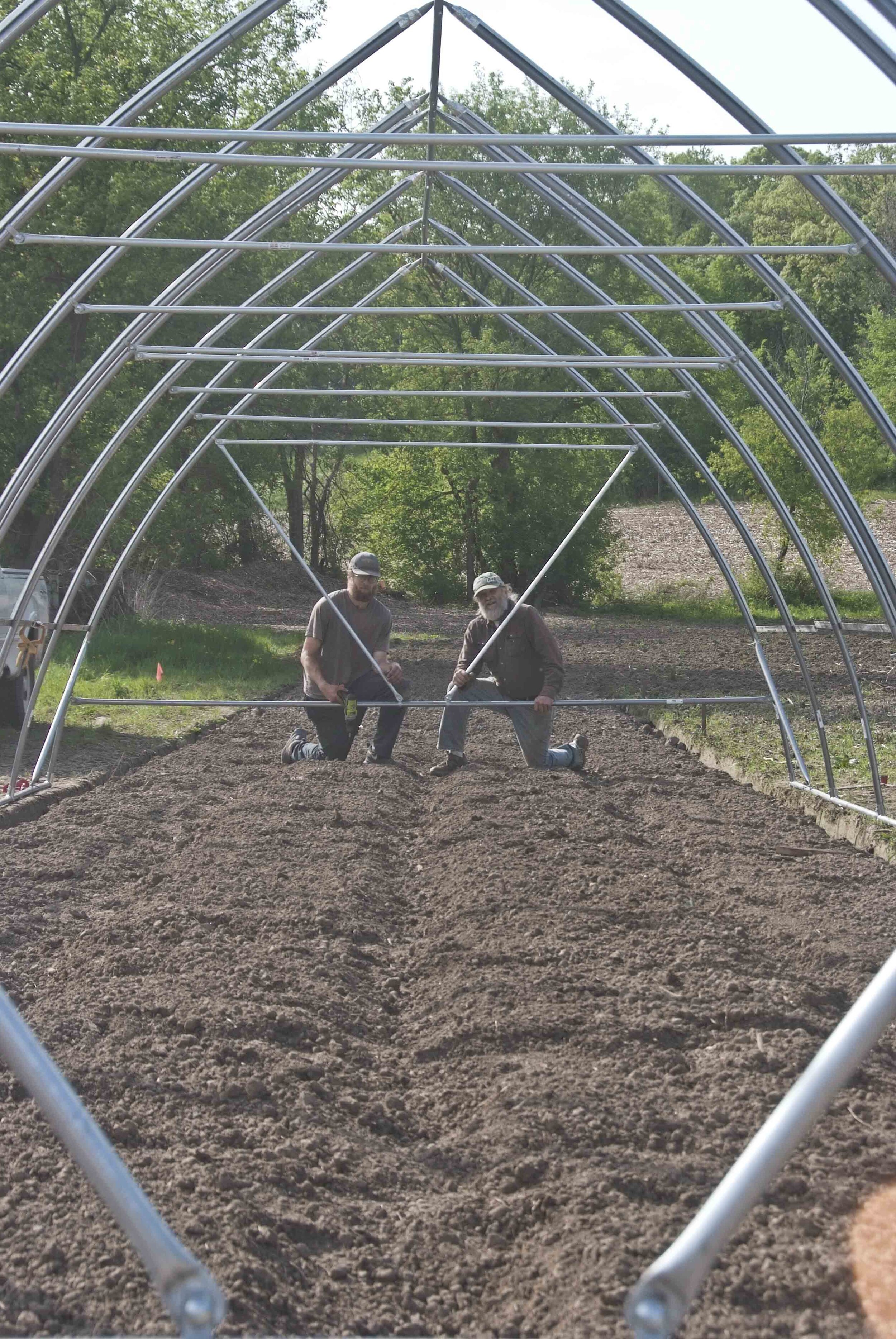 Two people planting in field