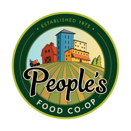 Logo of People's Co-op with barn and buildings behind farm field