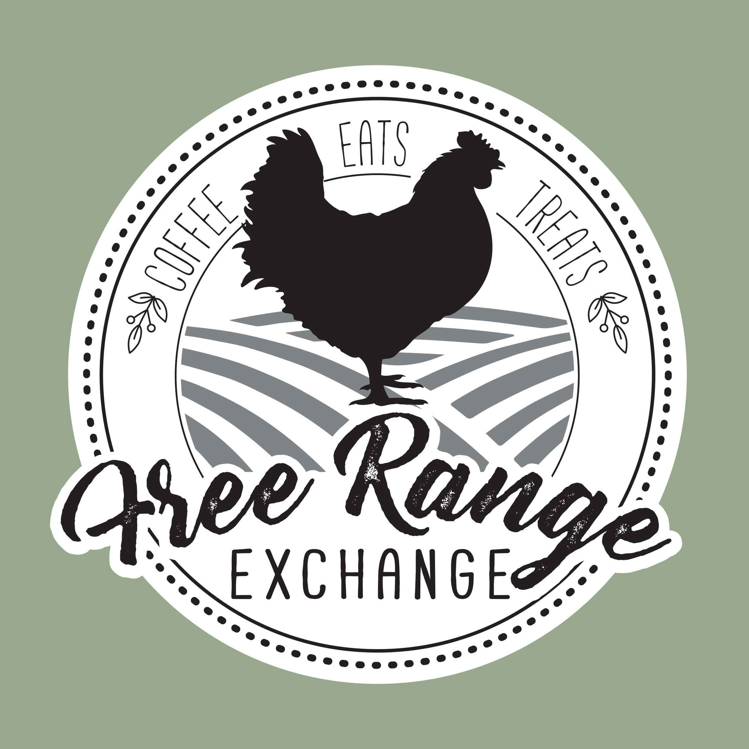 Logo of Free Range Exchange - black chicken standing on farm fields