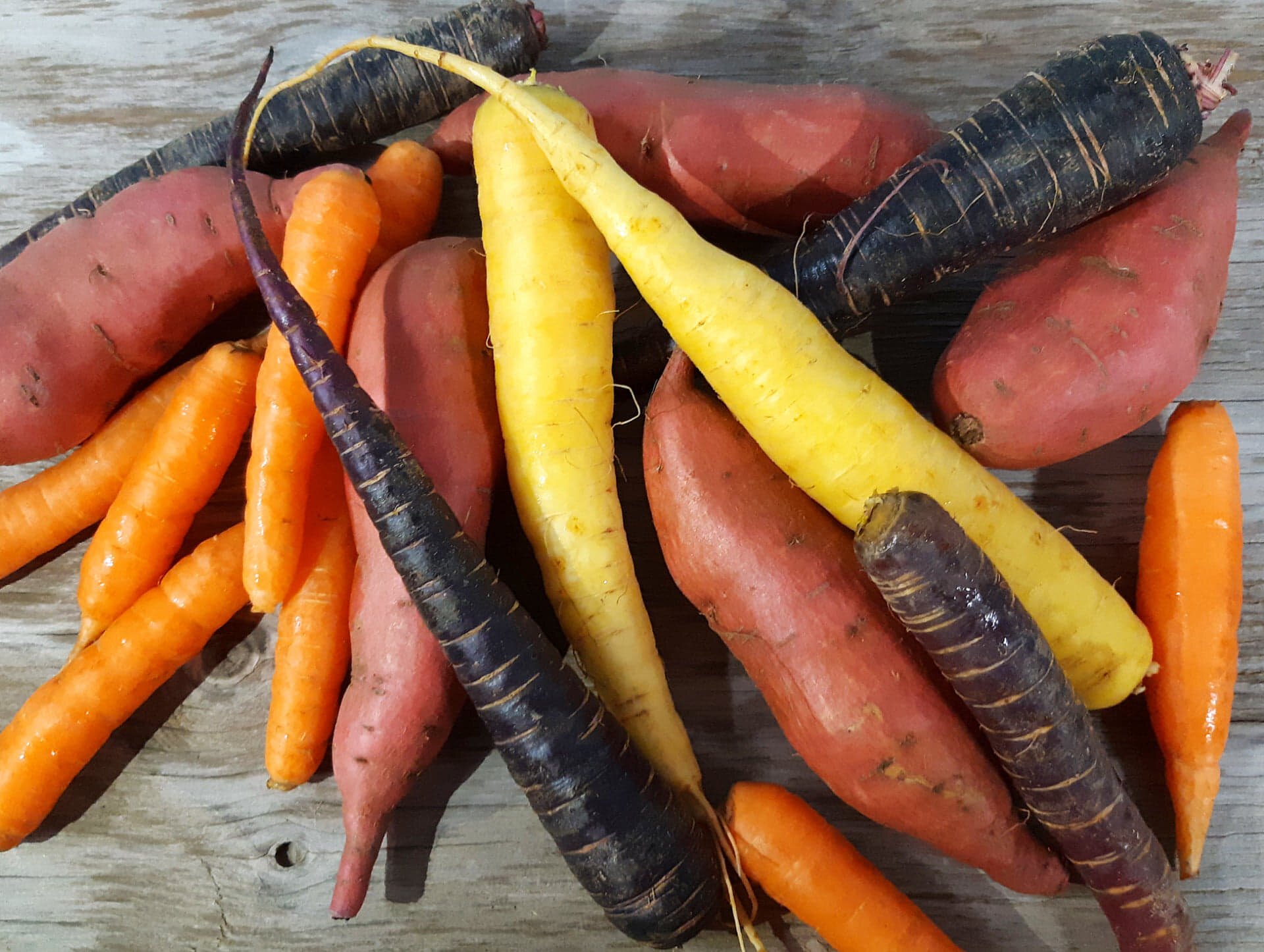 A pile of rainbow-colored carrots