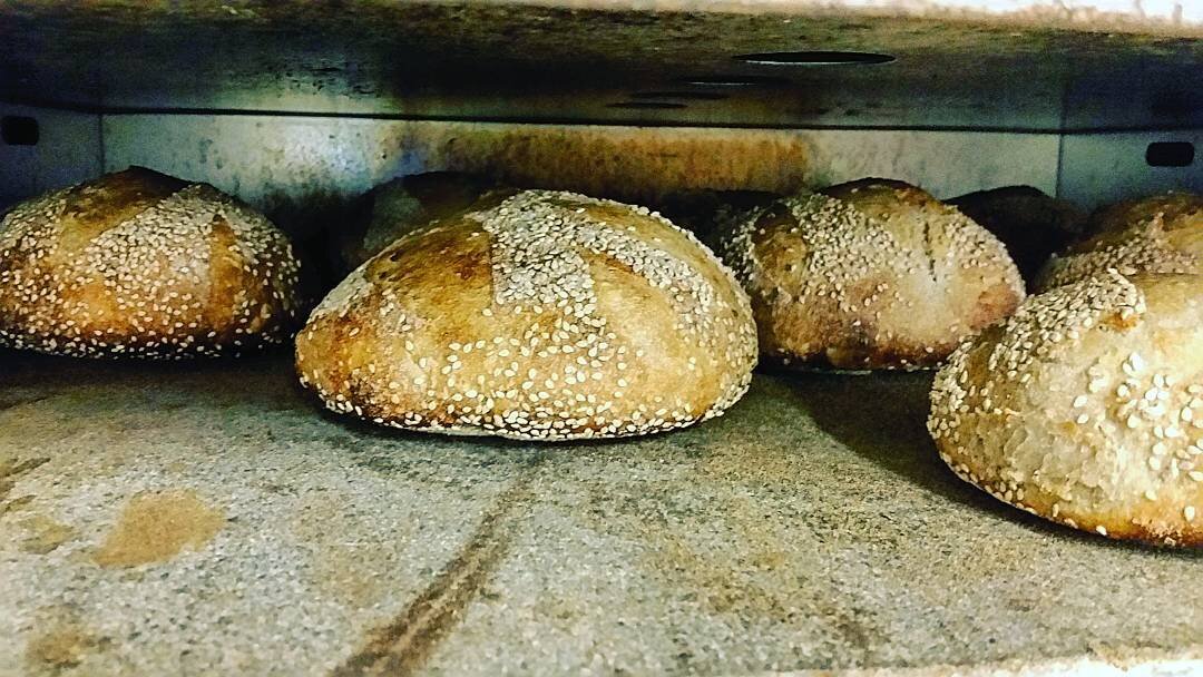 Fresh baked road loaves in the oven