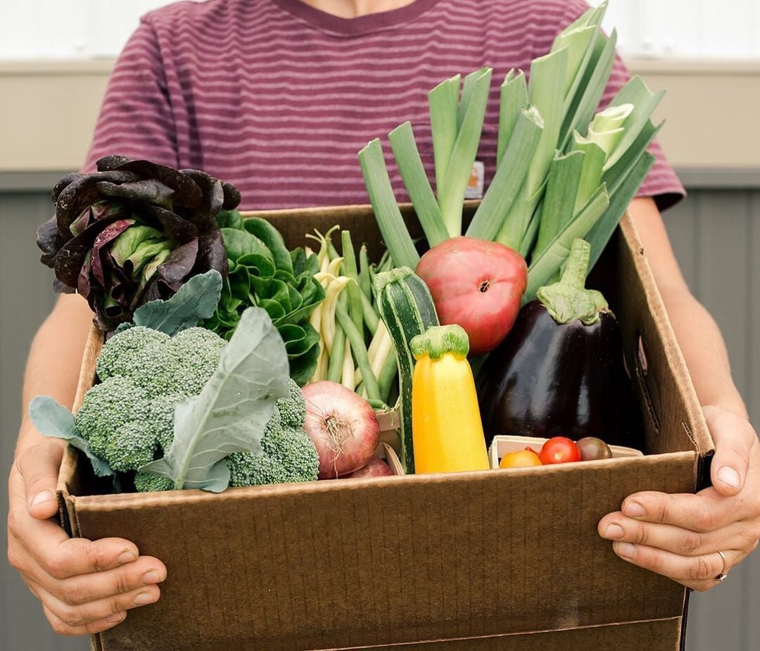 Full box of vegetables being held by a person in a red striped shirt