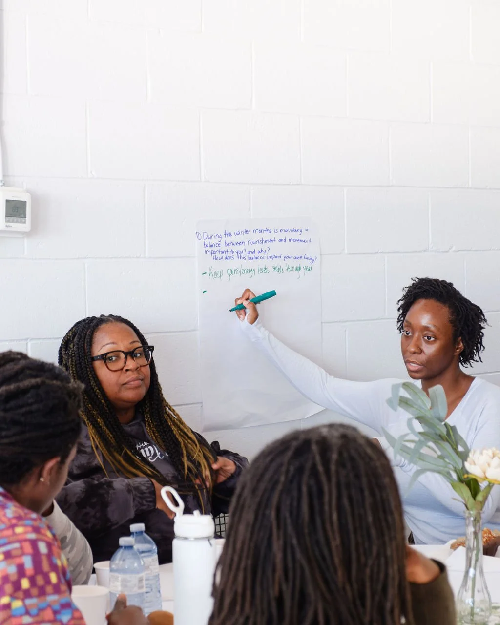 A group of women participating in a discussion or workshop in a bright room, with one woman standing and writing on a whiteboard while the others listen.