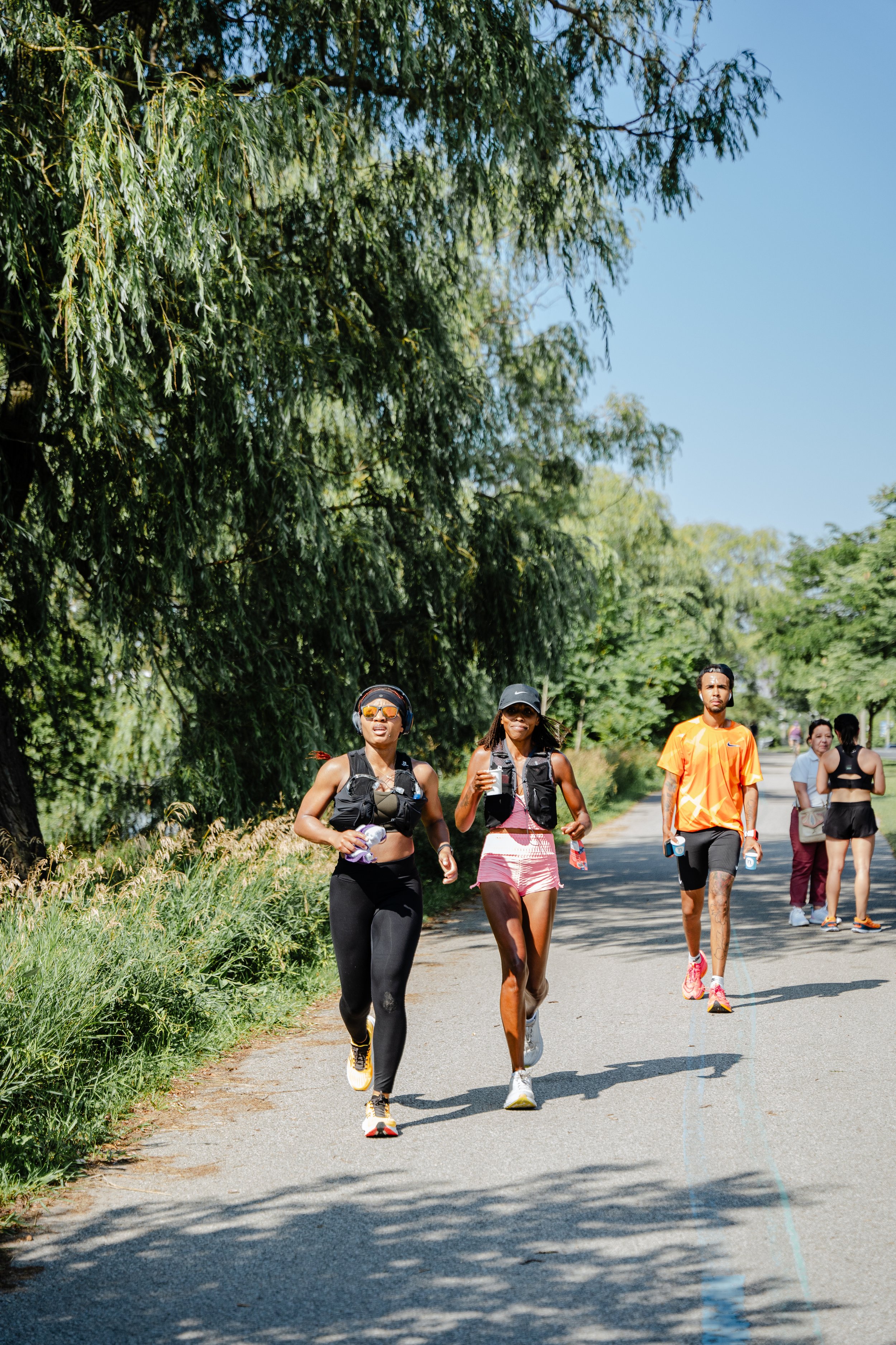 People running and walking outdoors on a sunny day on a paved trail surrounded by green trees and grass.