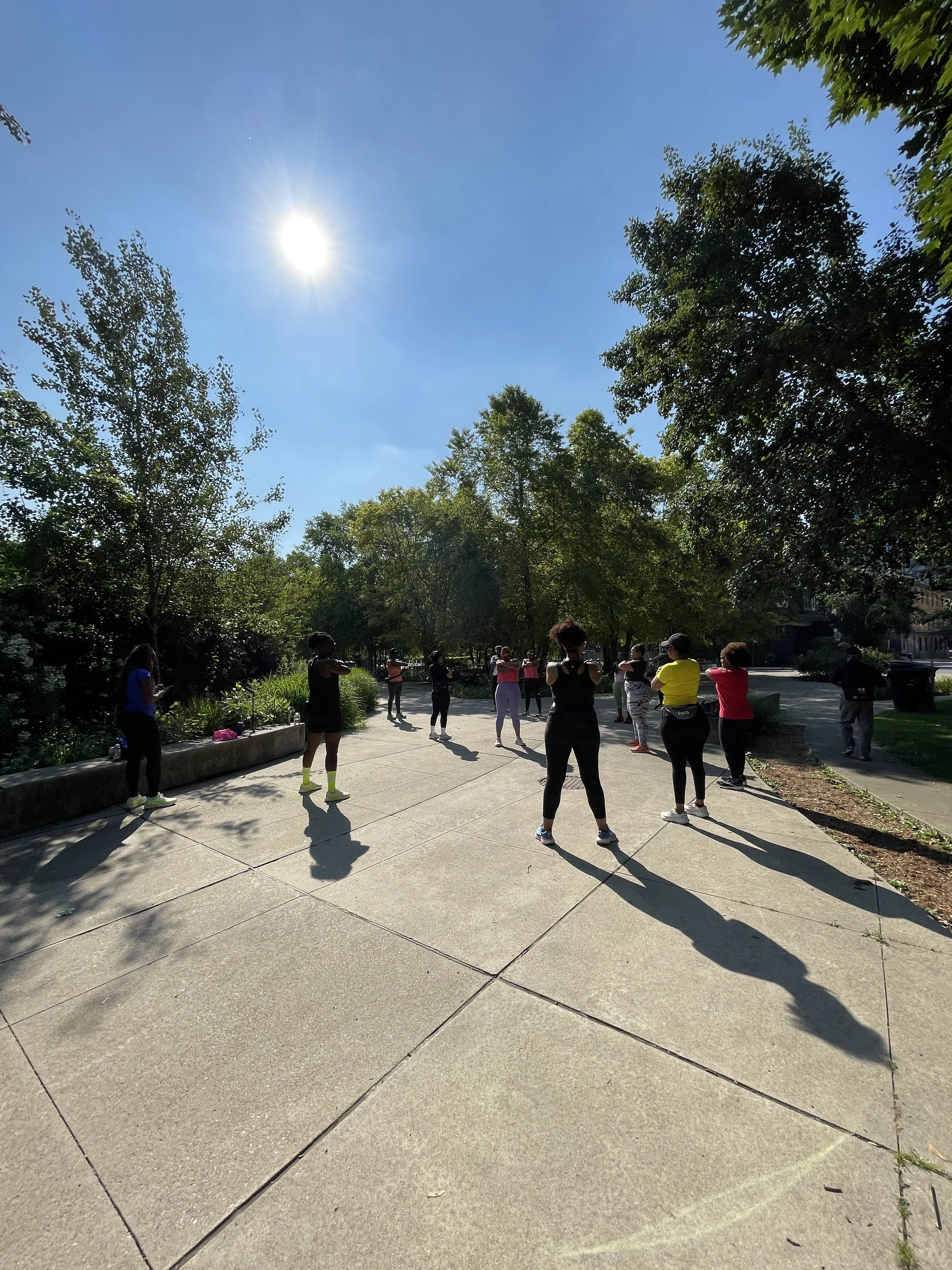Group of people practicing yoga or stretching outdoors on a sunny day in a park, with trees and a concrete pathway.