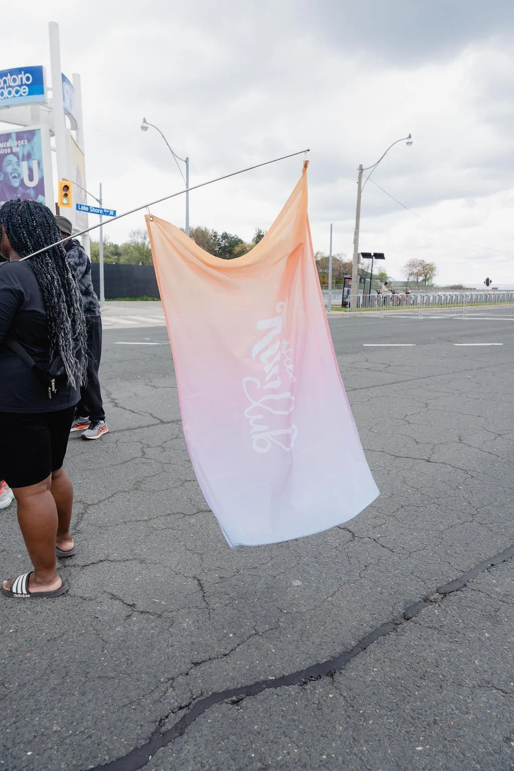 A group of people standing on a cracked asphalt street, with a pink and white gradient flag hanging from a line. The scene is cloudy with some street signs visible, including a blue sign that says 'Lake Shore Dr' and a billboard showing a smiling per