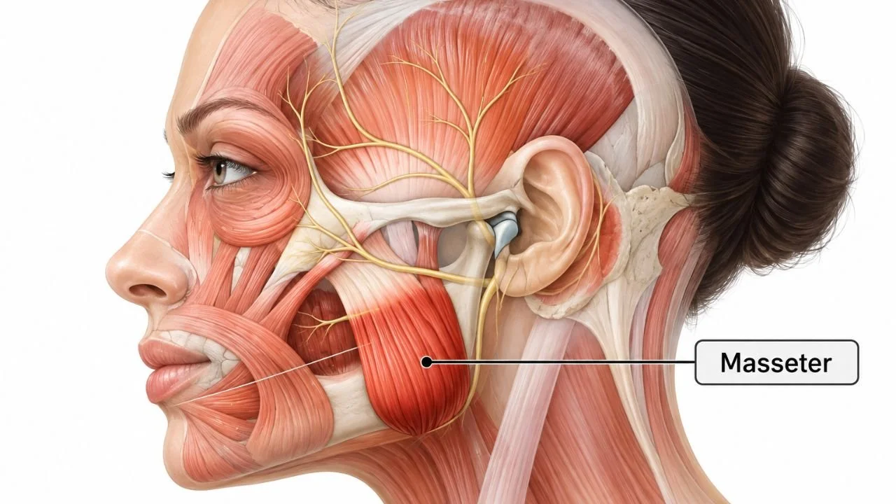 Side-view anatomical illustration highlighting the masseter muscle, jaw structure and surrounding facial muscles.
