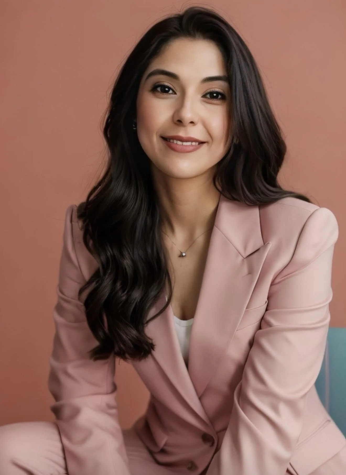 A smiling woman with long dark wavy hair wearing a pink blazer, sitting against a pink background.