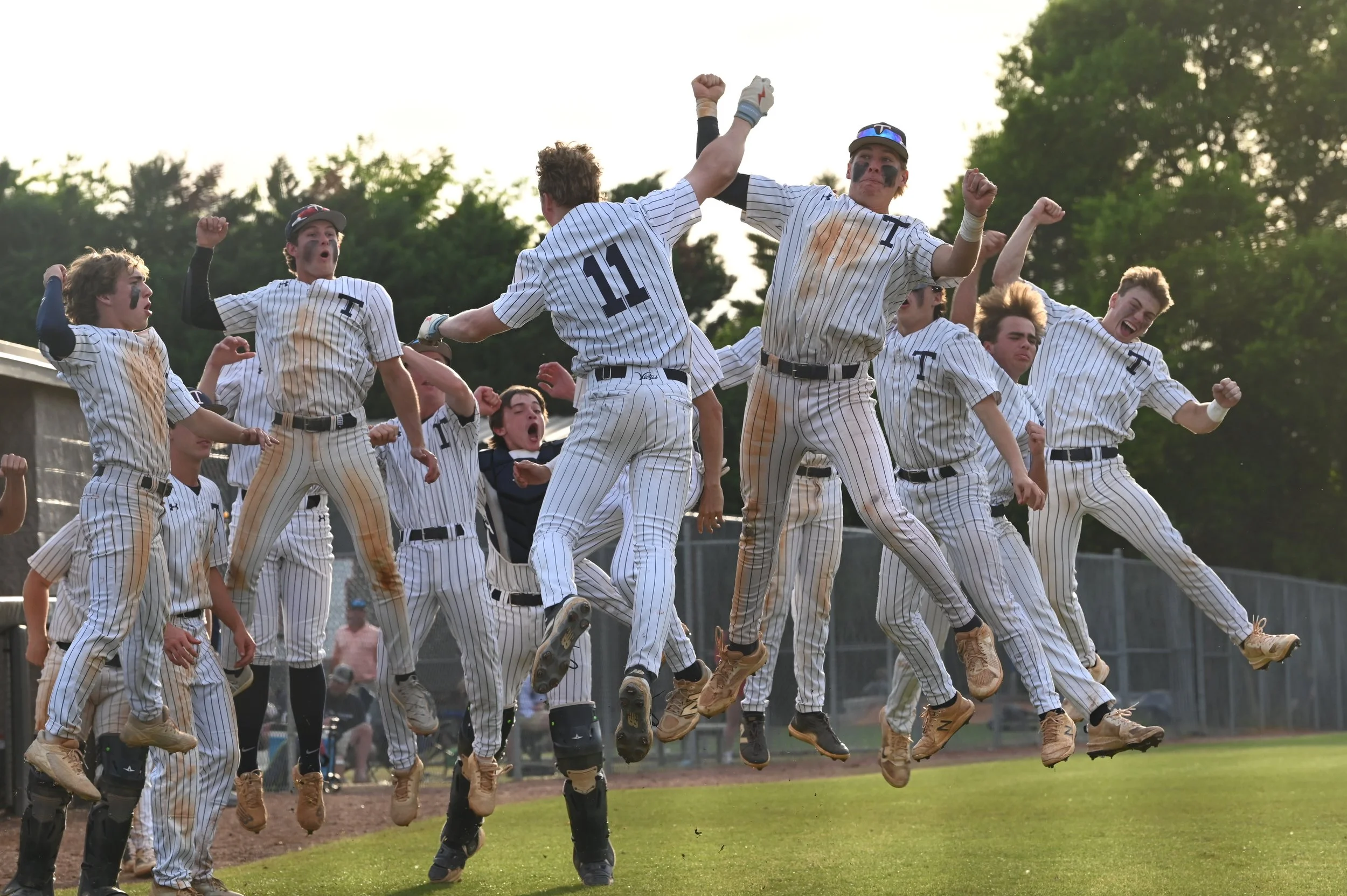 Trinity players celebrate Land Sharpless HR.JPG