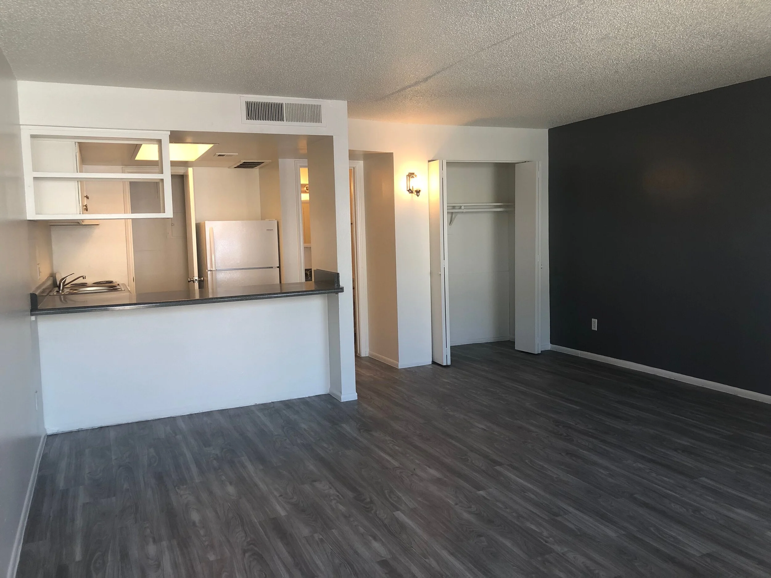  The kitchen and spacious living area of our Studio Apartment at University Gardens. 