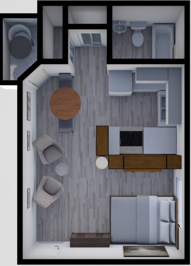 A bird’s eye view of the Suite 16 studio apartment