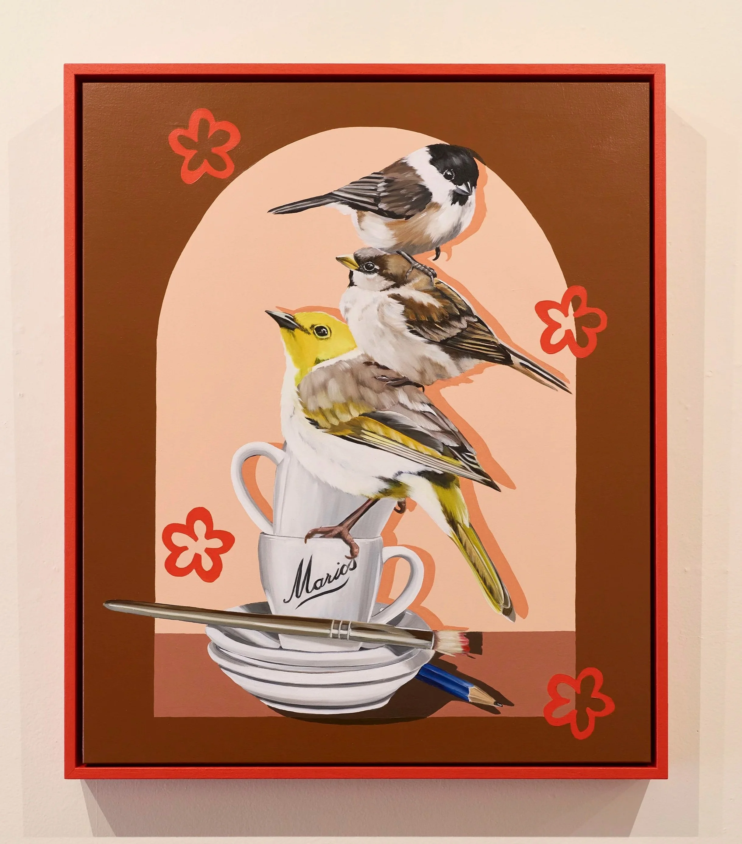 SOLD / Hanging night at table nine, by Melanie Caple, 
oil and acrylic on timber panel, framed in Victorian ash, 2025, 60 x 50cm, $1,500
