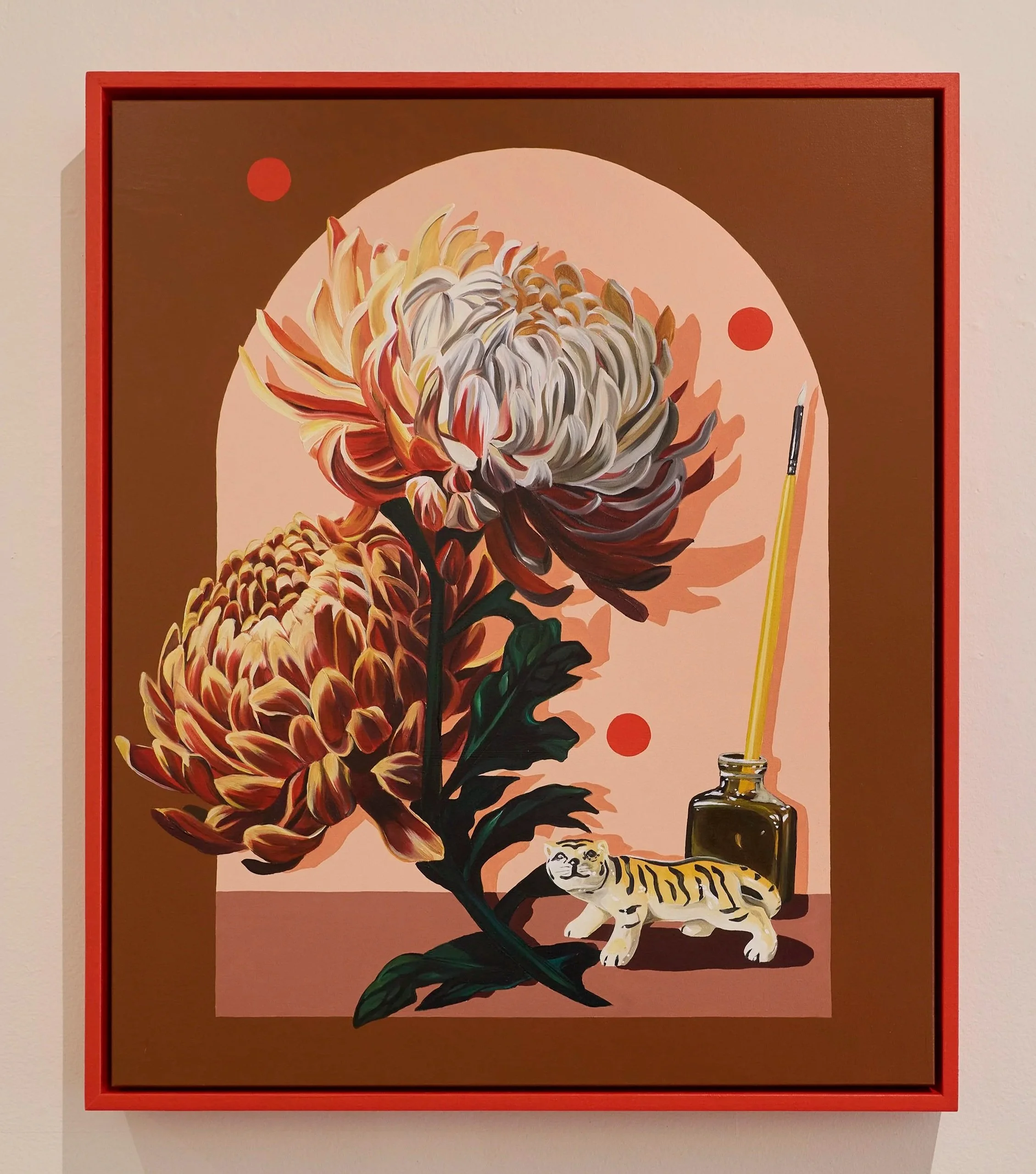 Golden flowers, good fortunes, by Melanie Caple, oil and acrylic on timber panel, framed in Victorian ash, 2025, 60 x 50cm, $1,500
